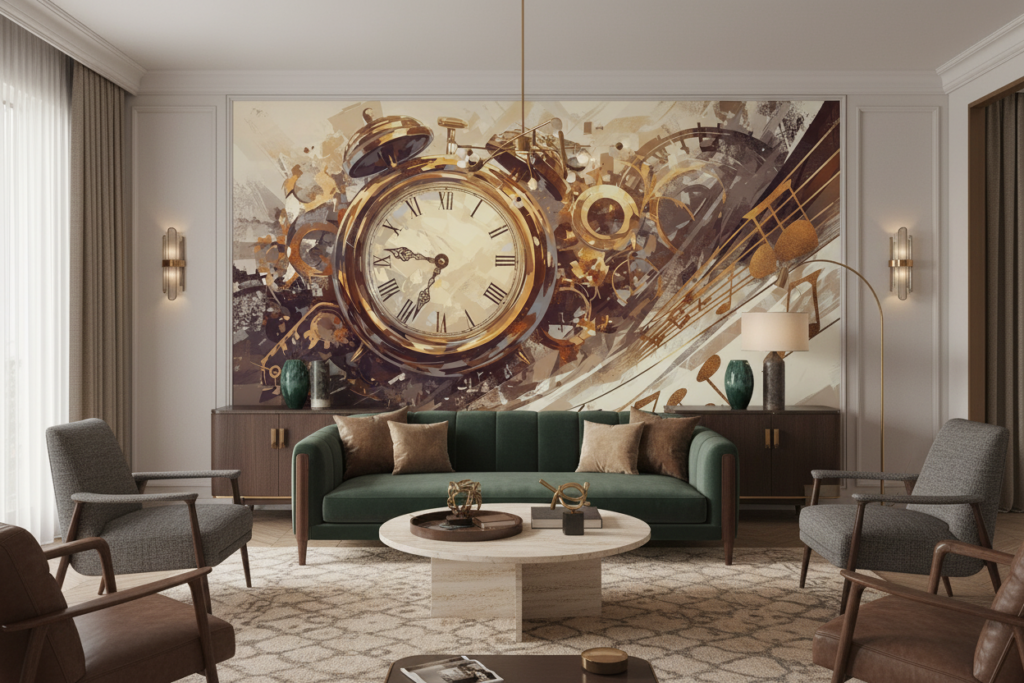 Papier Peint Vintage Horloge Dorée et Partition Musicale Artistique - Salon / Séjour