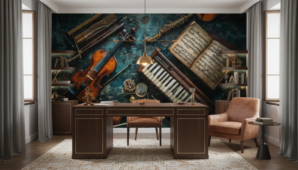 Papier peint vintage instruments musique classique partition ancienne - Bureau