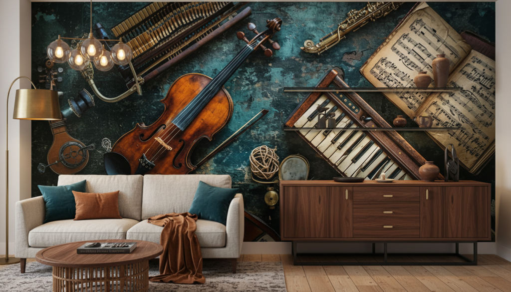 Papier peint vintage instruments musique classique partition ancienne - Salon / Séjour
