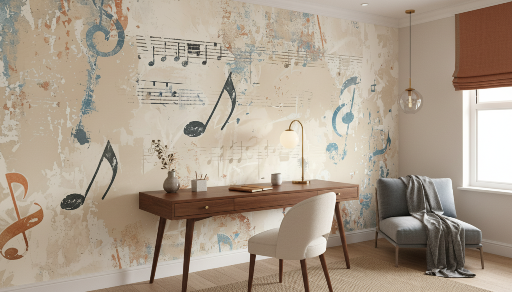 Papier peint vintage musical notes et partitions effet aquarelle - Bureau