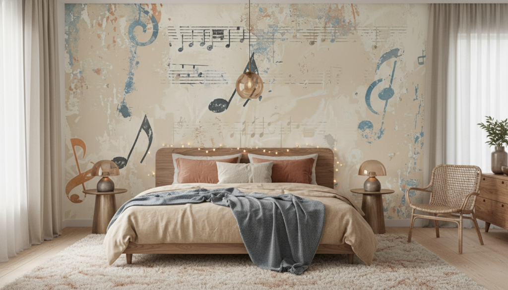 Papier peint vintage musical notes et partitions effet aquarelle - Chambre adulte