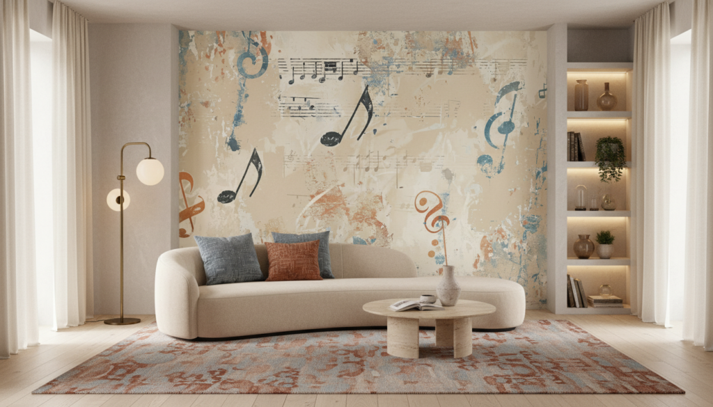 Papier peint vintage musical notes et partitions effet aquarelle - Salon / Séjour