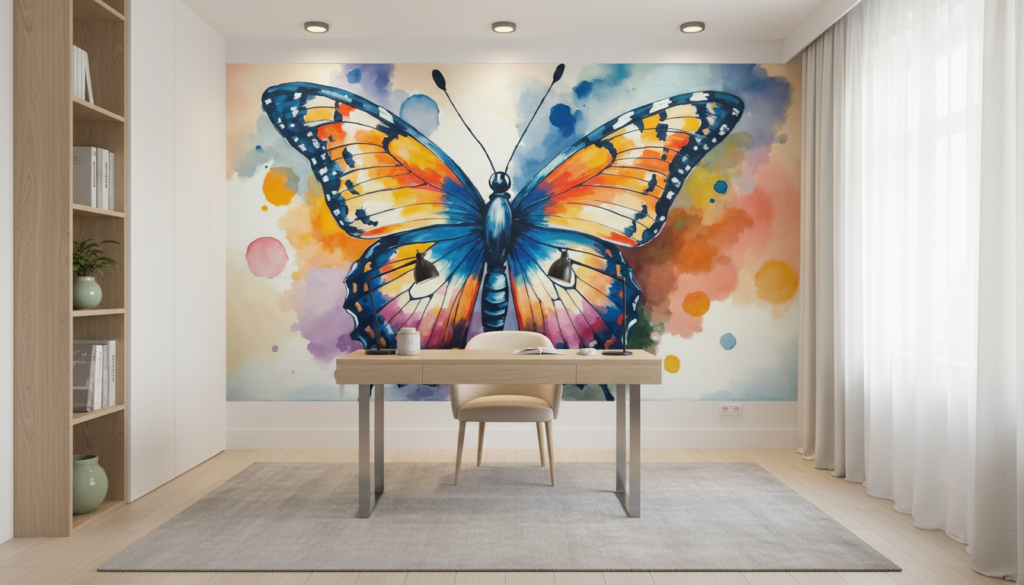 Papillon aquarelle multicolore aux tons bleus oranges et roses éclatants - Bureau