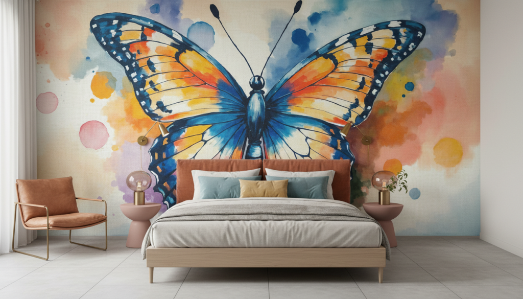 Papillon aquarelle multicolore aux tons bleus oranges et roses éclatants - Chambre adulte