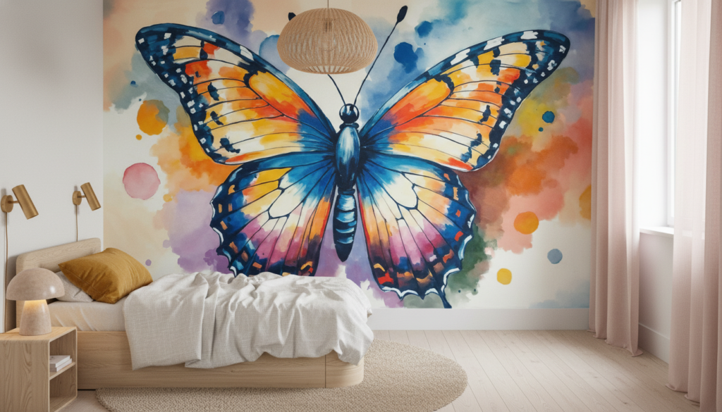 Papillon aquarelle multicolore aux tons bleus oranges et roses éclatants - Chambre enfant