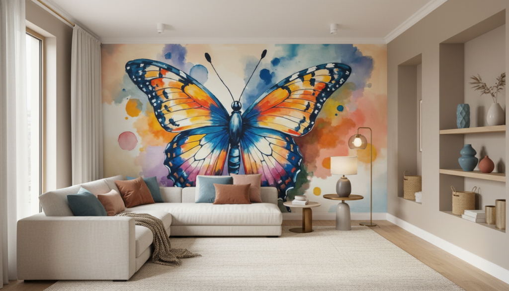 Papillon aquarelle multicolore aux tons bleus oranges et roses éclatants - Salon / Séjour