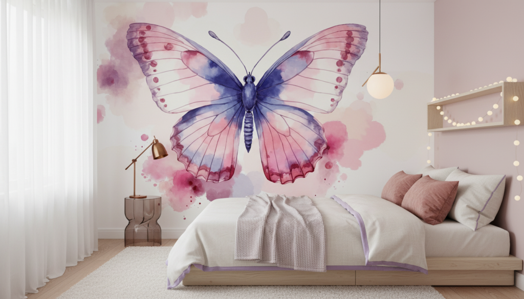 Papillon Aquarelle Rose et Bleu Artistique Décoratif - Chambre ado