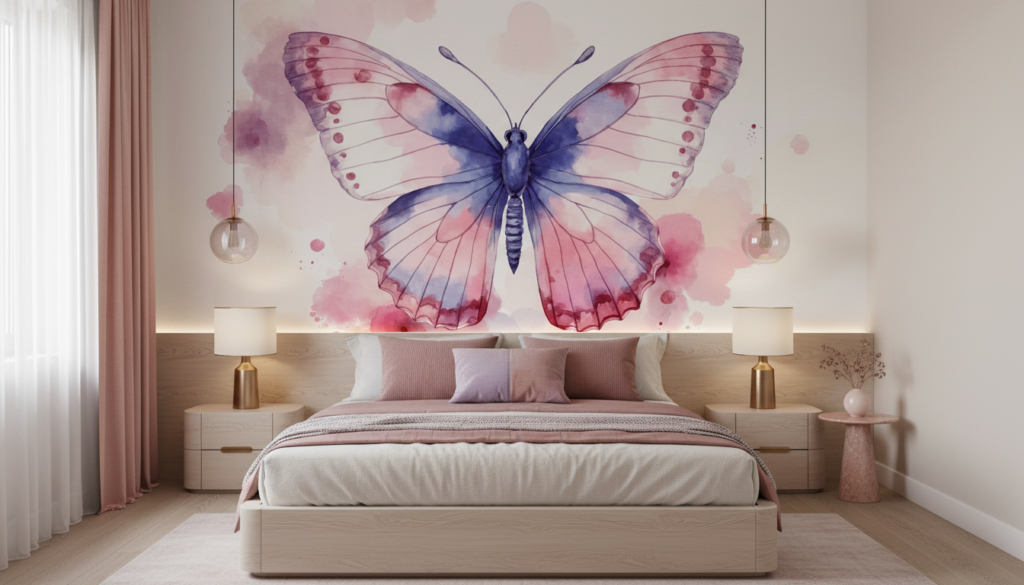 Papillon Aquarelle Rose et Bleu Artistique Décoratif - Chambre adulte
