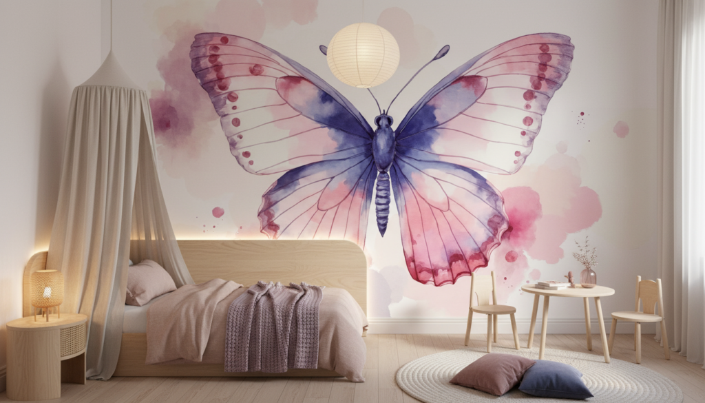 Papillon Aquarelle Rose et Bleu Artistique Décoratif - Chambre enfant