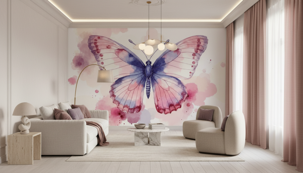 Papillon Aquarelle Rose et Bleu Artistique Décoratif - Salon / Séjour