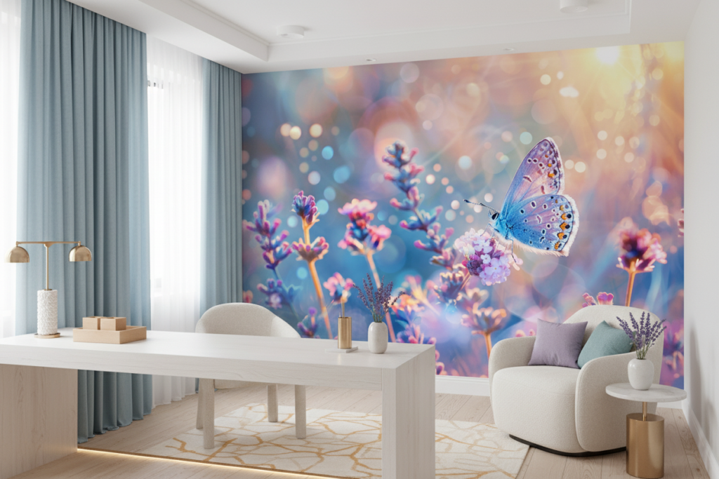 Papillon Bleu sur Fleurs de Lavande avec Bokeh Lumineux - Bureau