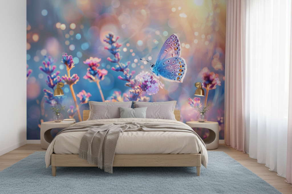 Papillon Bleu sur Fleurs de Lavande avec Bokeh Lumineux - Chambre adulte