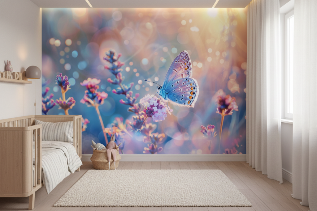 Papillon Bleu sur Fleurs de Lavande avec Bokeh Lumineux - Chambre enfant