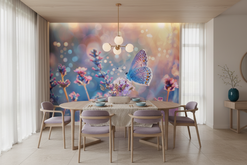 Papillon Bleu sur Fleurs de Lavande avec Bokeh Lumineux - Salle à manger