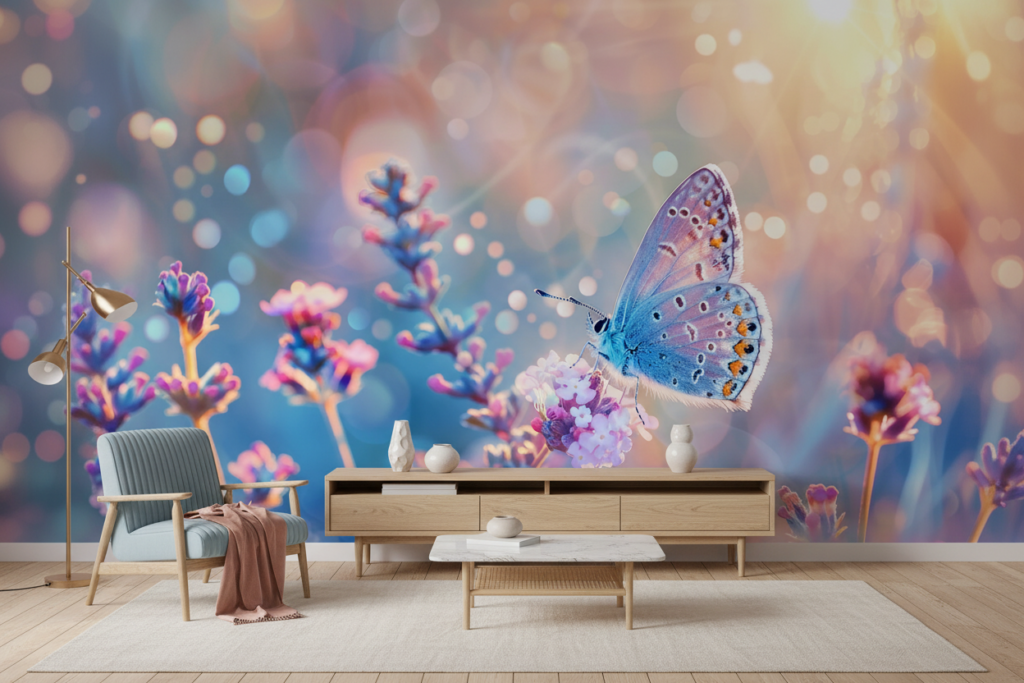 Papillon Bleu sur Fleurs de Lavande avec Bokeh Lumineux - Salon / Séjour