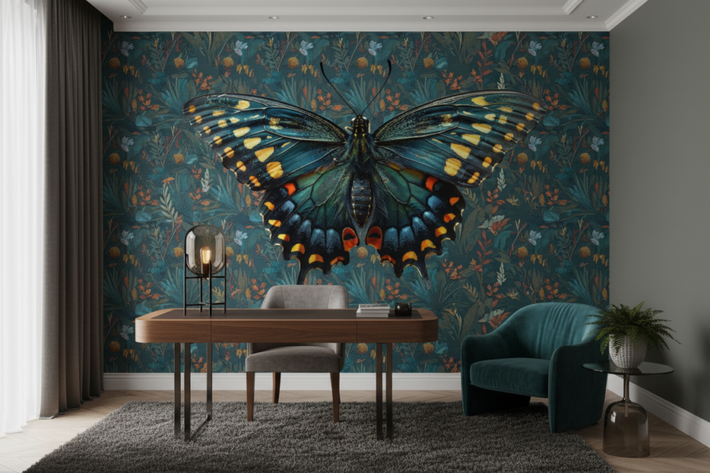 Papillon Exotique aux Ailes Iridescentes Bleu Turquoise et Or - Bureau