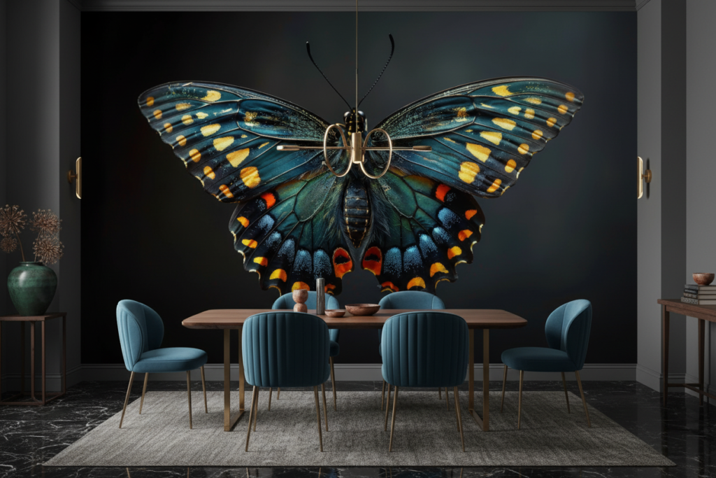 Papillon Exotique aux Ailes Iridescentes Bleu Turquoise et Or - Salle à manger