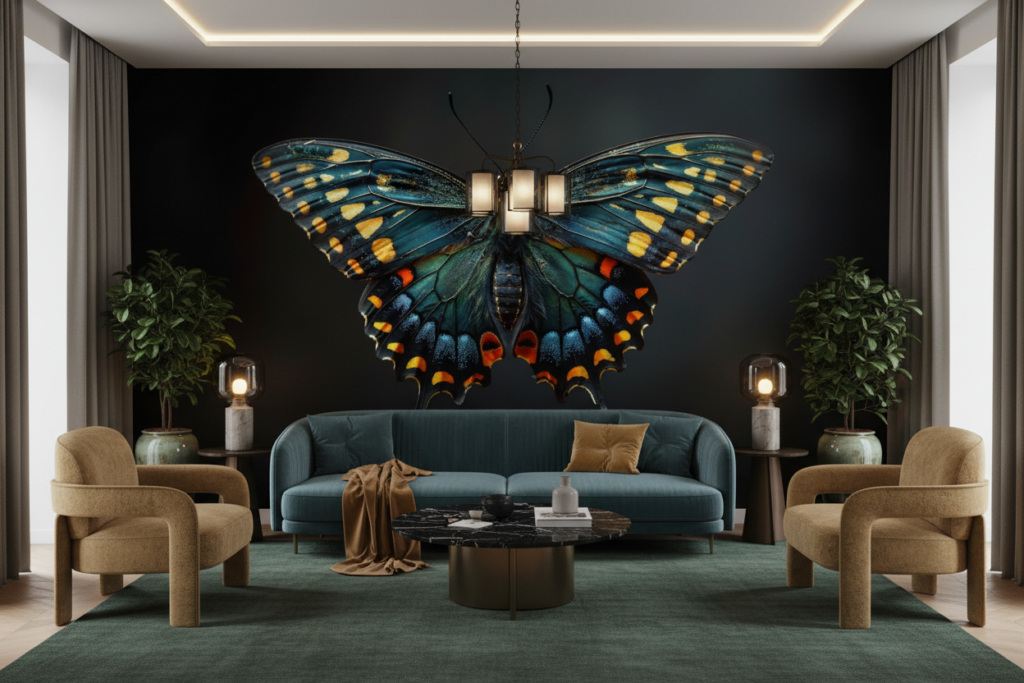 Papillon Exotique aux Ailes Iridescentes Bleu Turquoise et Or - Salon / Séjour