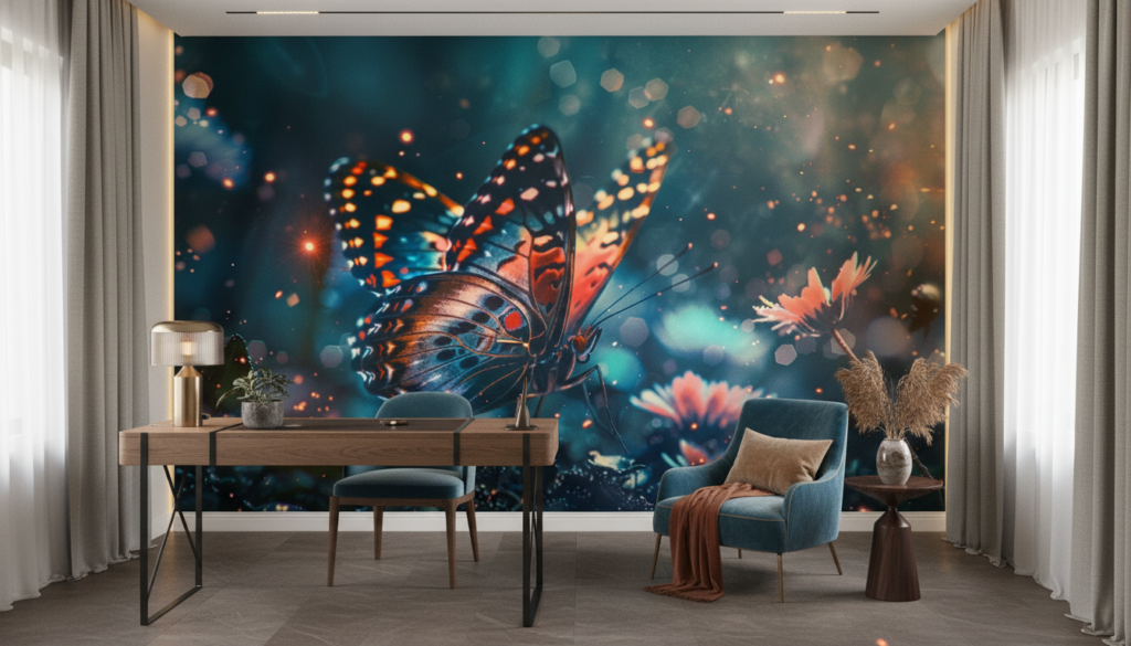 Papillon Fantastique aux Ailes Multicolores sur Fond Onirique Lumineux - Bureau