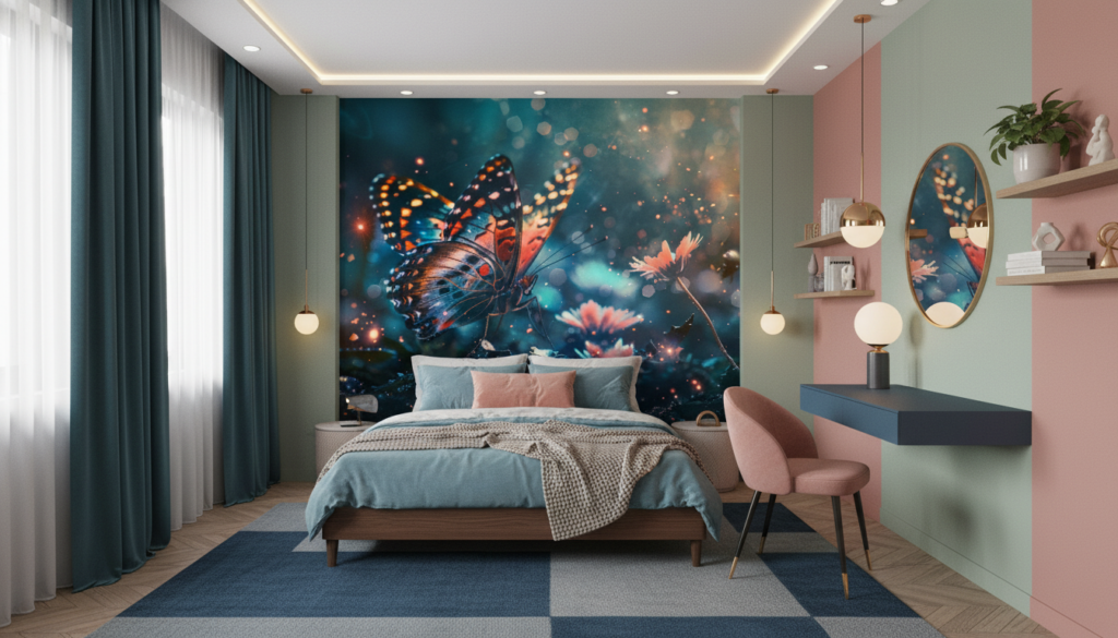 Papillon Fantastique aux Ailes Multicolores sur Fond Onirique Lumineux - Chambre ado