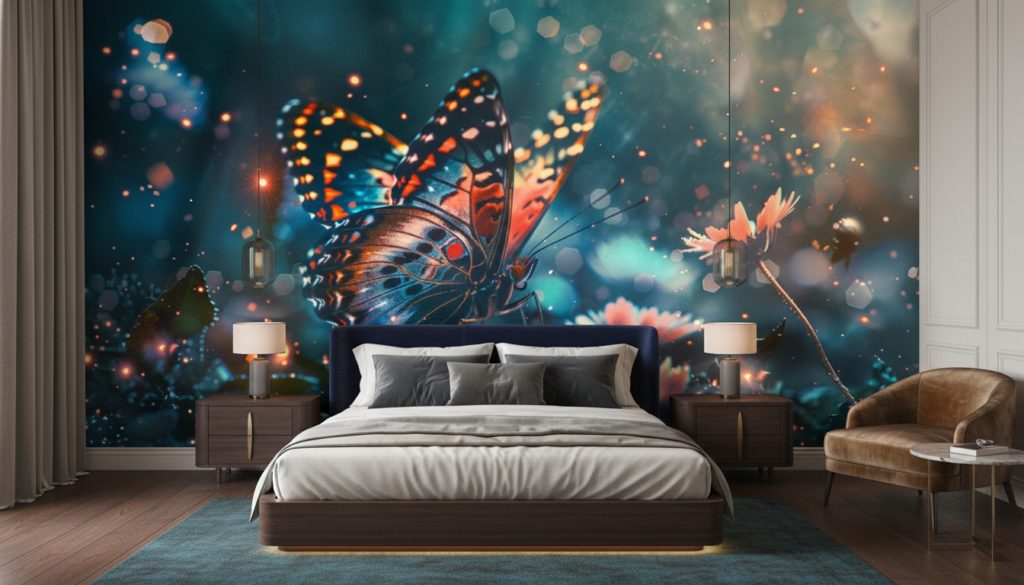 Papillon Fantastique aux Ailes Multicolores sur Fond Onirique Lumineux - Chambre adulte