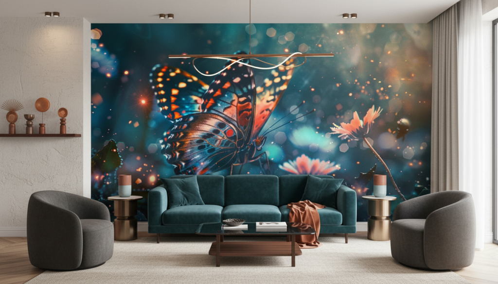 Papillon Fantastique aux Ailes Multicolores sur Fond Onirique Lumineux - Salon / Séjour