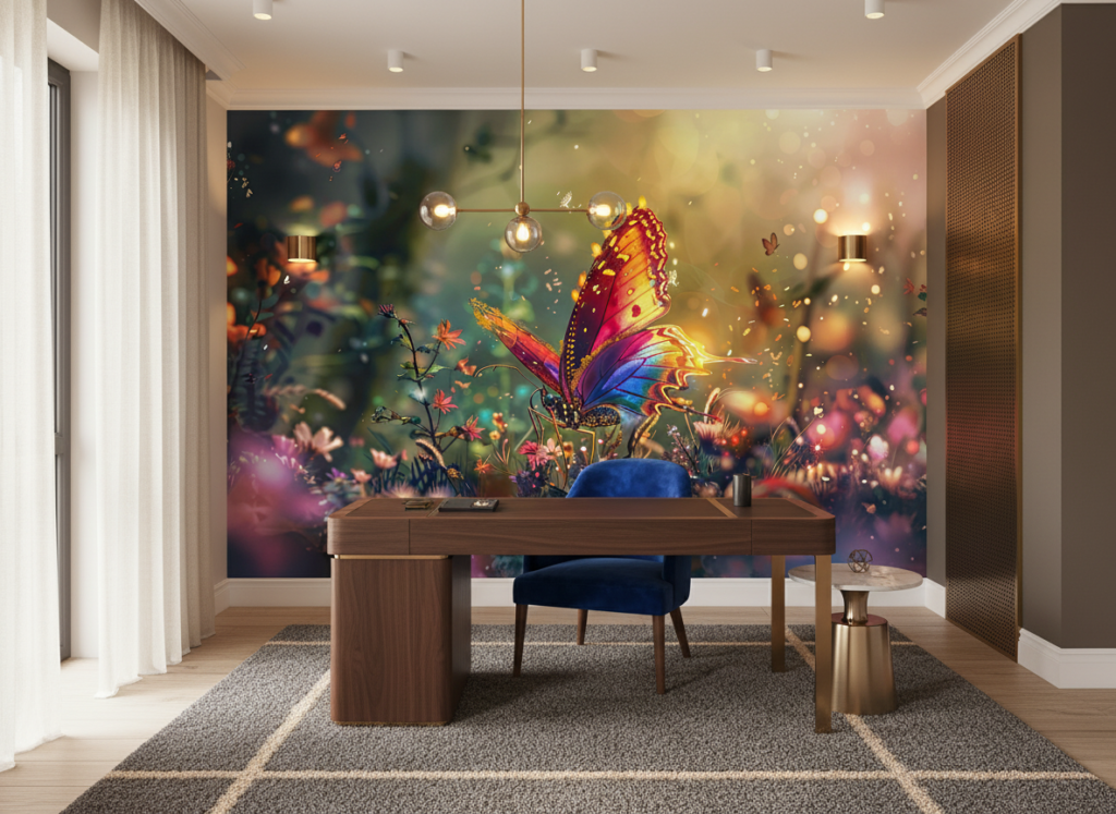 Papillon Féerique aux Ailes Arc-en-Ciel dans Jardin Magique Lumineux - Bureau