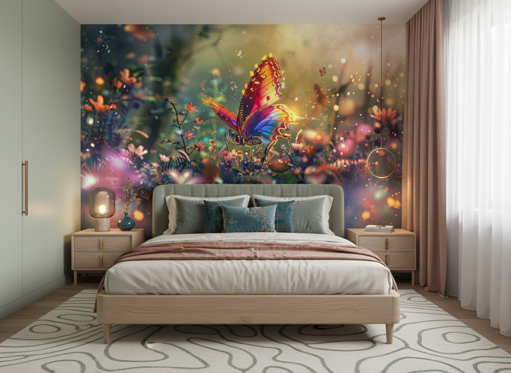 Papillon Féerique aux Ailes Arc-en-Ciel dans Jardin Magique Lumineux - Chambre adulte