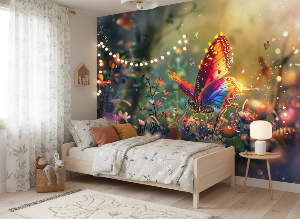 Papillon Féerique aux Ailes Arc-en-Ciel dans Jardin Magique Lumineux - Chambre enfant