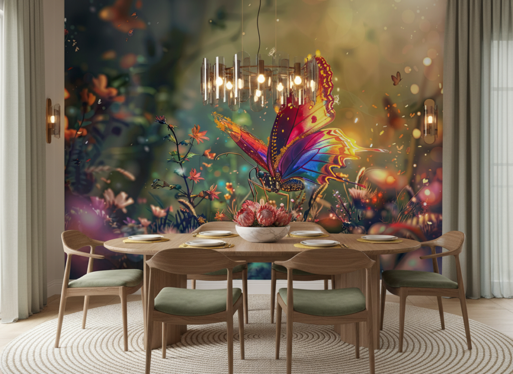 Papillon Féerique aux Ailes Arc-en-Ciel dans Jardin Magique Lumineux - Salle à manger