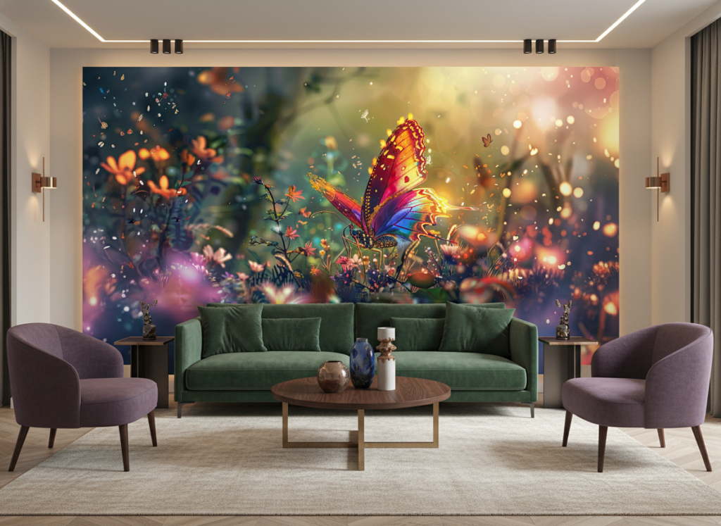 Papillon Féerique aux Ailes Arc-en-Ciel dans Jardin Magique Lumineux - Salon / Séjour