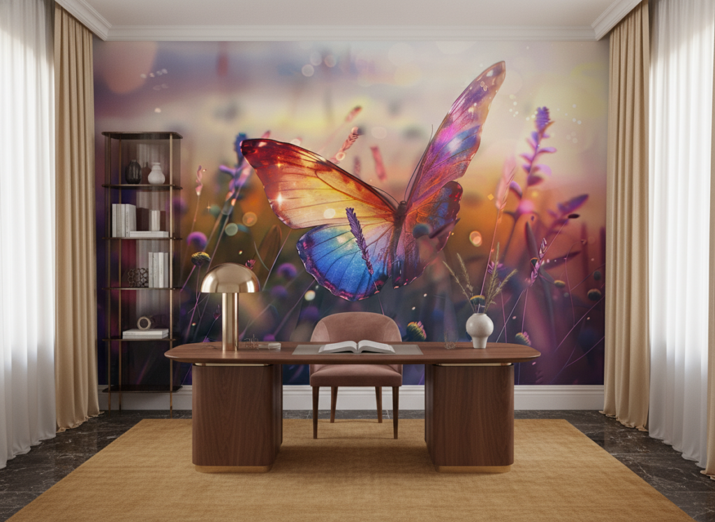 Papillon iridescent dans jardin floral aux couleurs dorées chatoyantes - Bureau