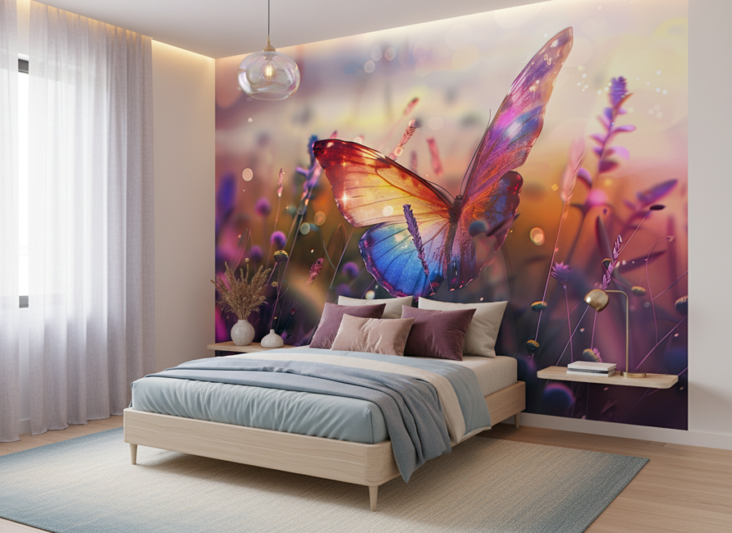 Papillon iridescent dans jardin floral aux couleurs dorées chatoyantes - Chambre ado