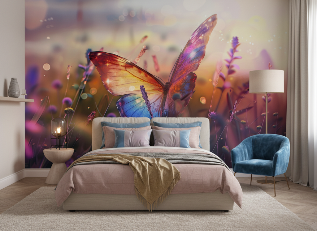 Papillon iridescent dans jardin floral aux couleurs dorées chatoyantes - Chambre adulte