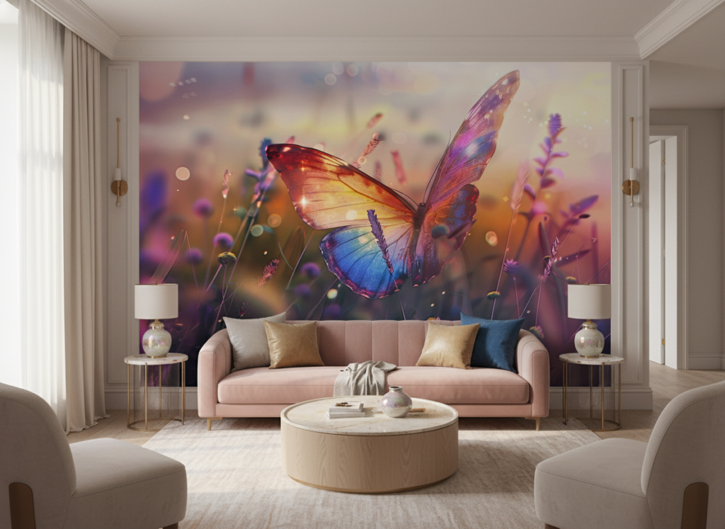 Papillon iridescent dans jardin floral aux couleurs dorées chatoyantes - Salon / Séjour