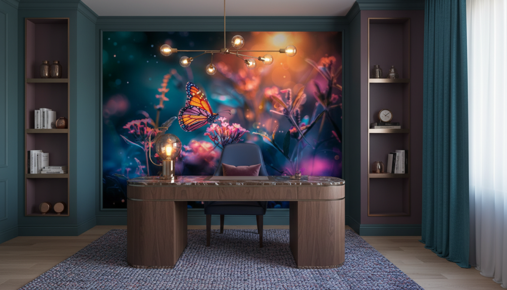 Papillon lumineux et fleurs éclatantes dans jardin féerique nocturne - Bureau