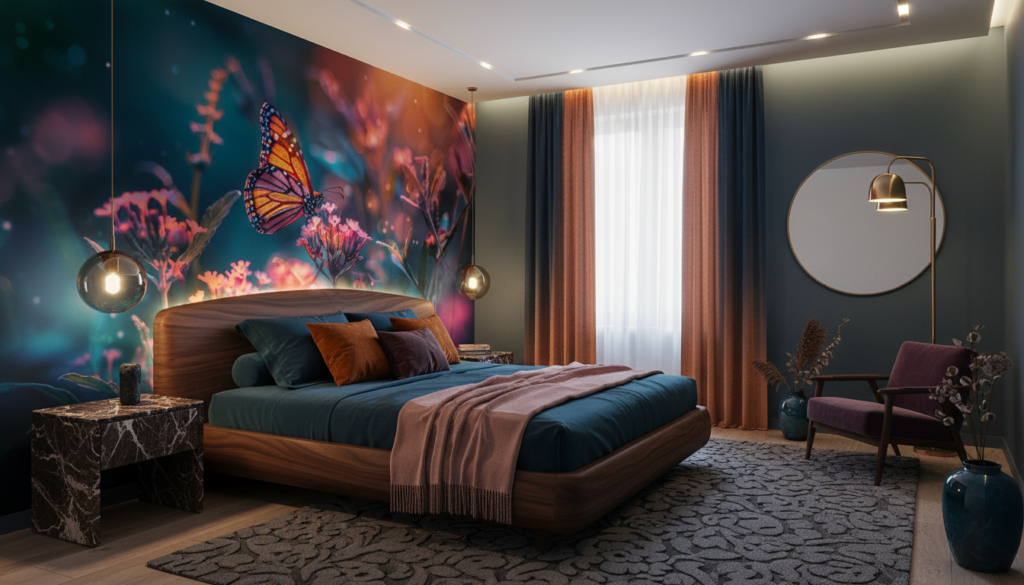 Papillon lumineux et fleurs éclatantes dans jardin féerique nocturne - Chambre adulte