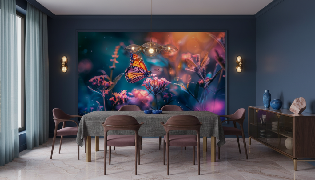 Papillon lumineux et fleurs éclatantes dans jardin féerique nocturne - Salle à manger