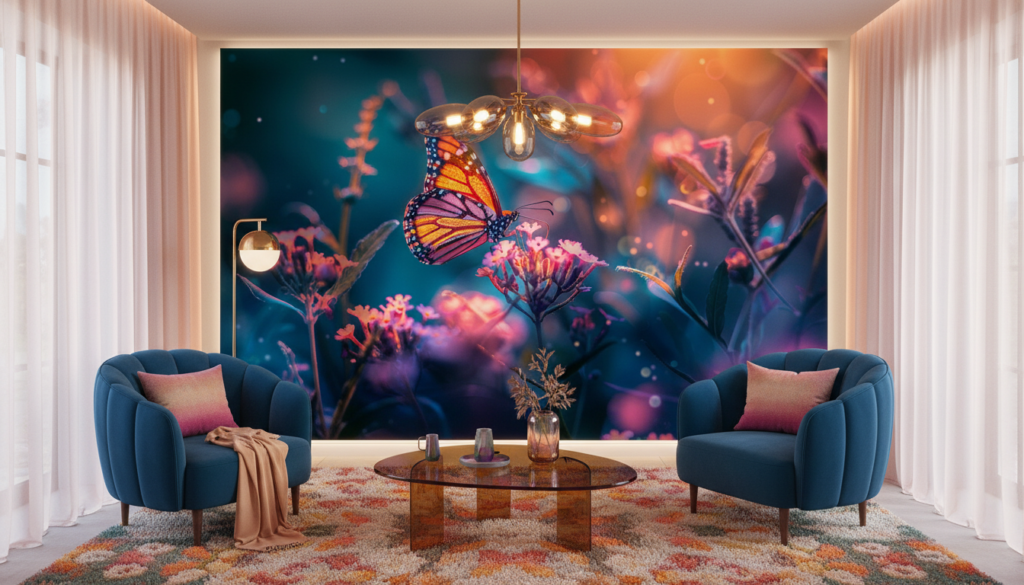 Papillon lumineux et fleurs éclatantes dans jardin féerique nocturne - Salon / Séjour