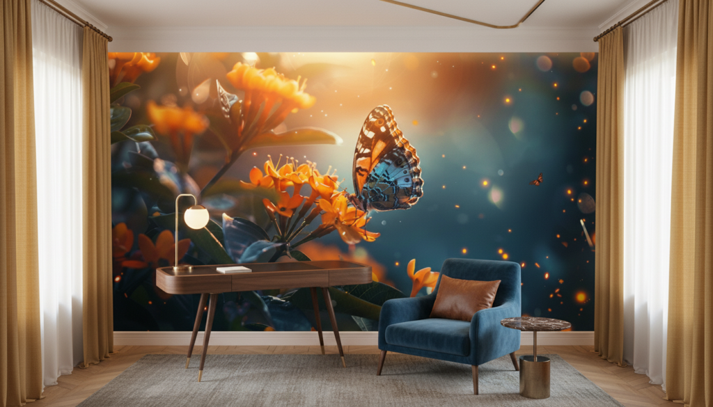 Papillon magique sur fleurs oranges avec lumières dorées scintillantes - Bureau