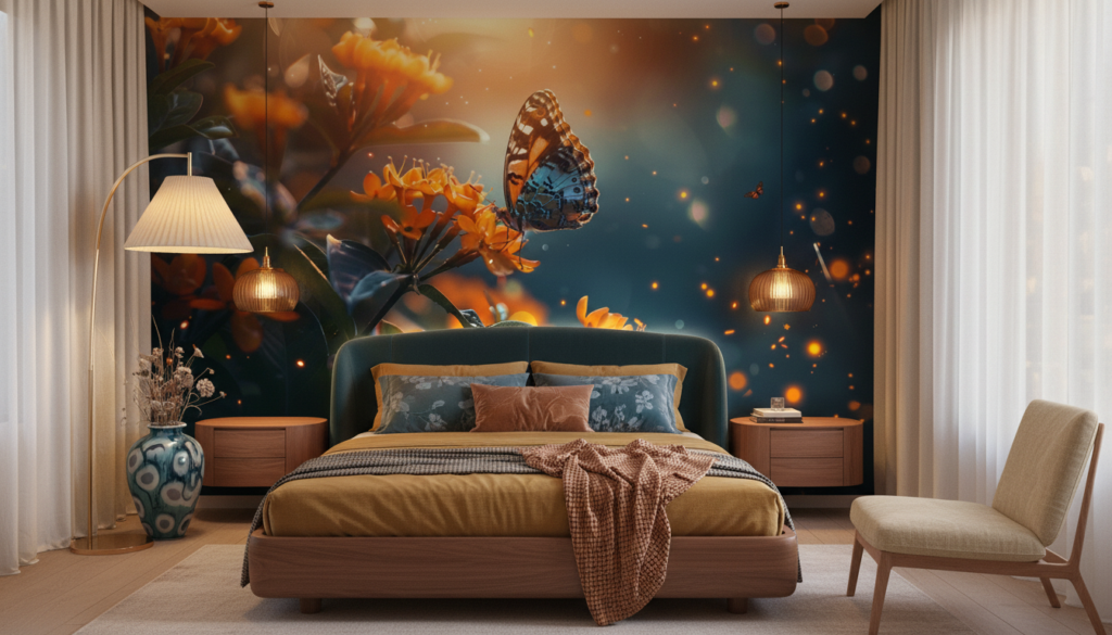 Papillon magique sur fleurs oranges avec lumières dorées scintillantes - Chambre adulte