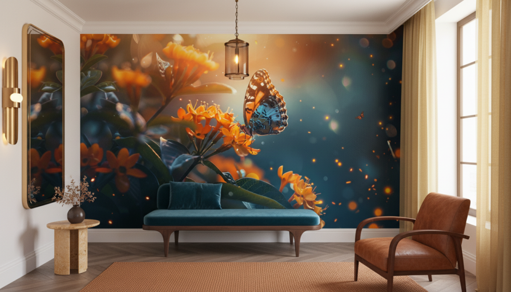 Papillon magique sur fleurs oranges avec lumières dorées scintillantes - Entrée