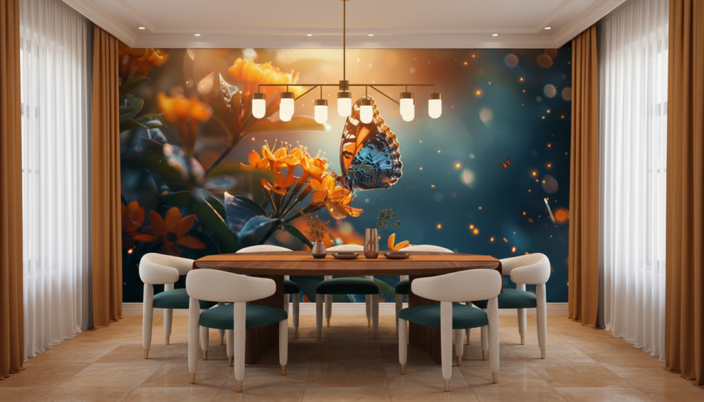 Papillon magique sur fleurs oranges avec lumières dorées scintillantes - Salle à manger