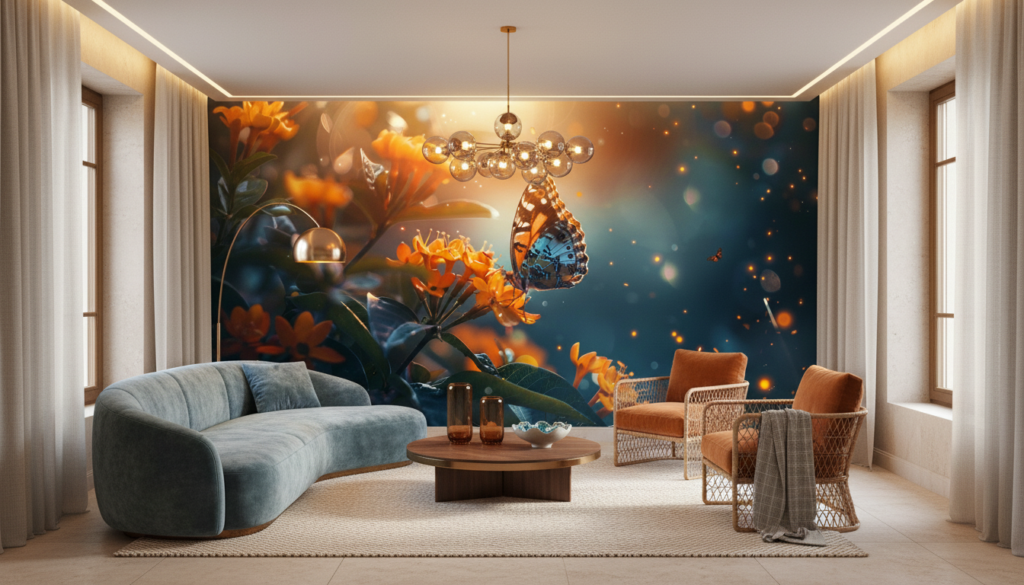 Papillon magique sur fleurs oranges avec lumières dorées scintillantes - Salon / Séjour