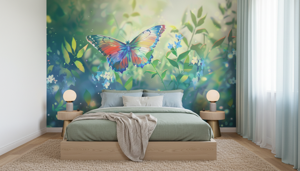 Papillon multicolore dans jardin fleuri aux tons pastel lumineux - Chambre adulte