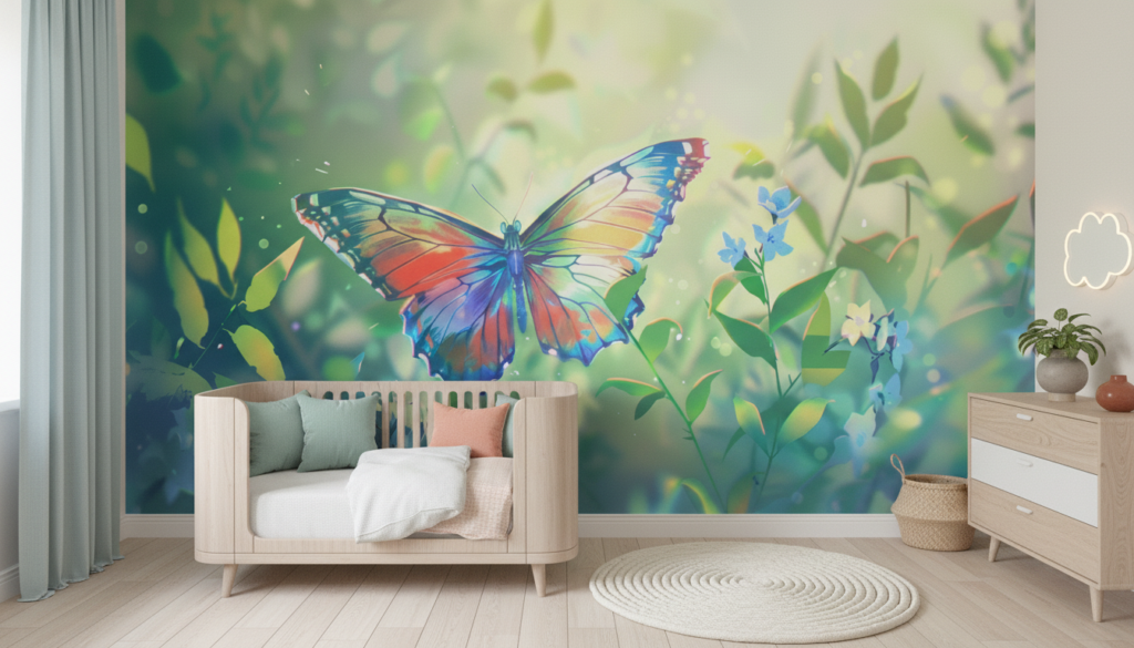 Papillon multicolore dans jardin fleuri aux tons pastel lumineux - Chambre enfant
