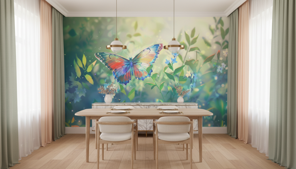 Papillon multicolore dans jardin fleuri aux tons pastel lumineux - Salle à manger