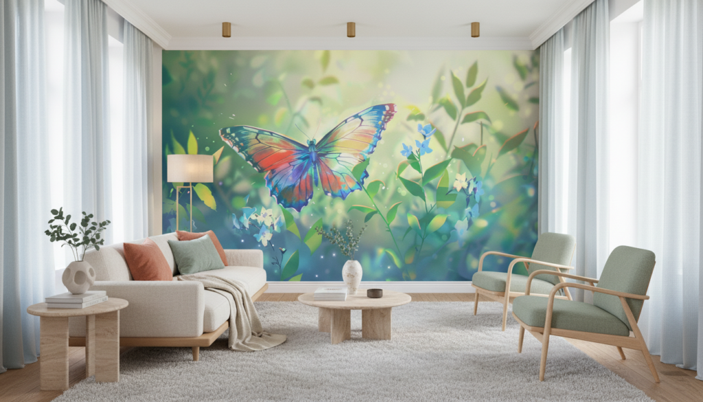 Papillon multicolore dans jardin fleuri aux tons pastel lumineux - Salon / Séjour