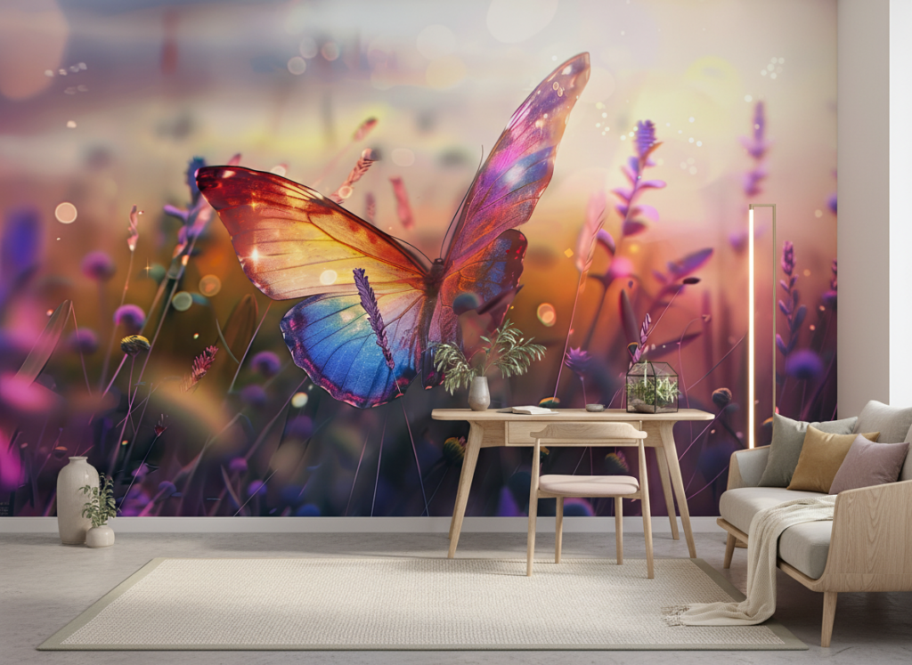 Papillon Multicolore et Fleurs Sauvages dans Lumière Dorée Magique - Bureau