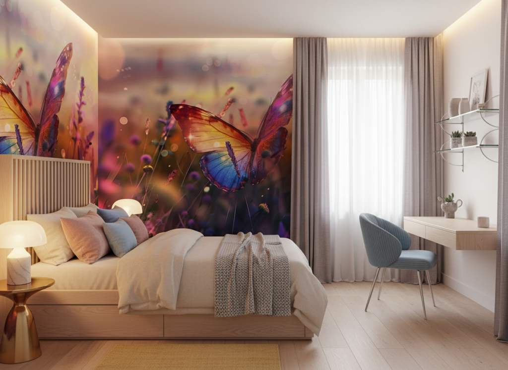 Papillon Multicolore et Fleurs Sauvages dans Lumière Dorée Magique - Chambre ado